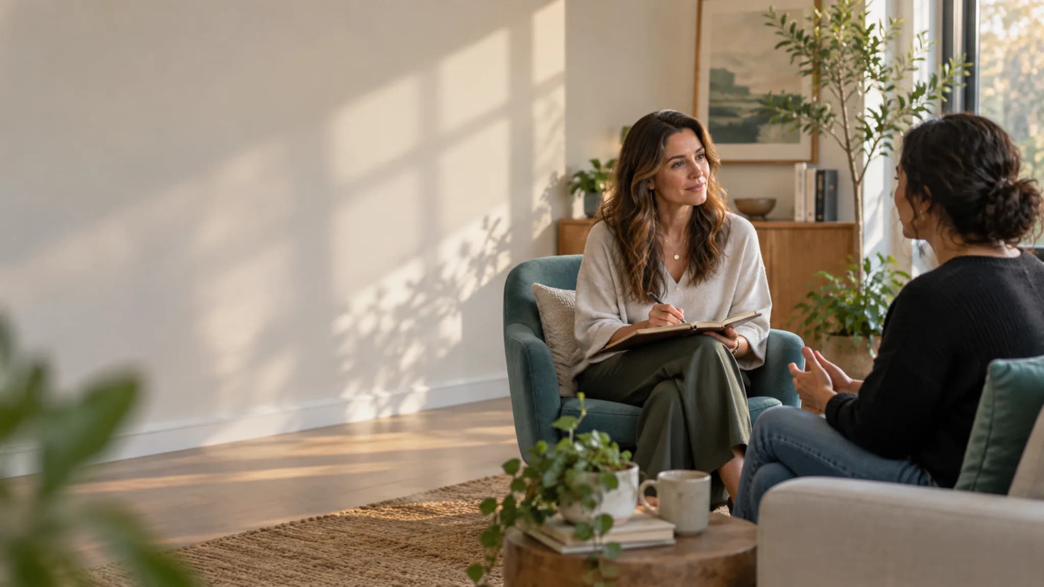 An independent practitioner speaking with a client in a sunlit wellness studio